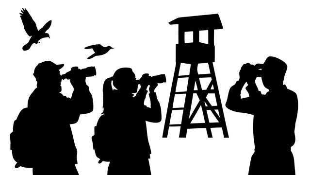 Silhouettes of birdwatchers with binoculars and camera looking at birds near a watchtower