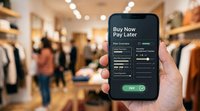 Mobile payment app displaying Buy Now Pay Later interface with installment tracking, transaction confirmation, and flexible payment management in modern fintech environment.