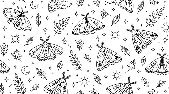 Intricate black and white moth and nature pattern design.