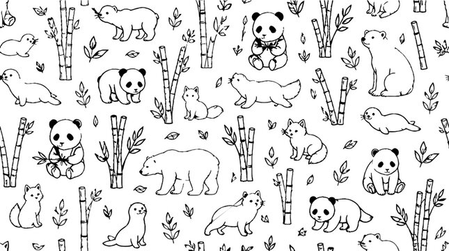 Playful pandas and bears in bamboo forest illustration.