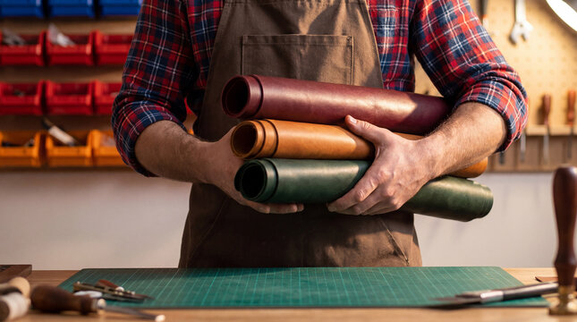 A leather crafter in an apron holds colored leather rolls at a workbench filled with hand tools and a cutting mat