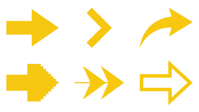 Collection of yellow arrow icons in various styles and directions