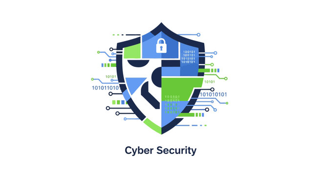 Cyber security shield with lock symbol.