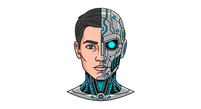 Cyborg man with robotic face half.