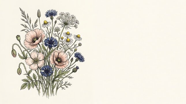 Vintage wildflower bouquet with poppies and cornflowers