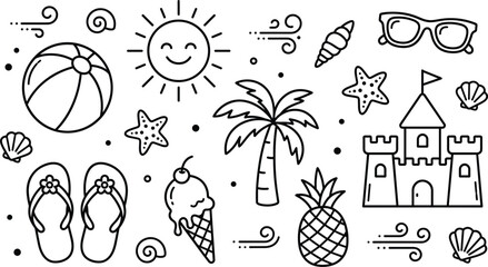 Summer Beach Doodle Icon Set with Sun Palm Tree Sandcastle Beach Ball and Ice Cream Vector Elements for Seasonal Graphic Designs © Sufea