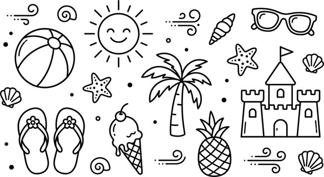 Summer Beach Doodle Icon Set with Sun Palm Tree Sandcastle Beach Ball and Ice Cream Vector Elements for Seasonal Graphic Designs