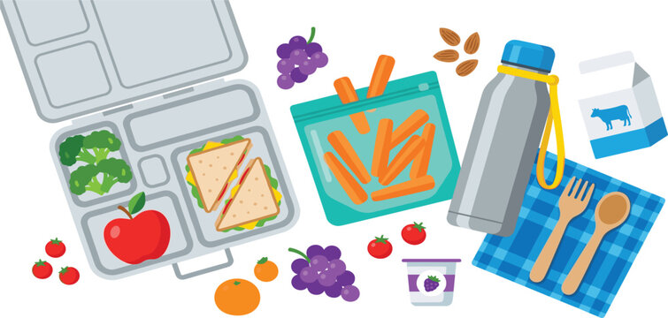 Healthy school lunch box with sandwich apple carrots water bottle and snacks vector illustration