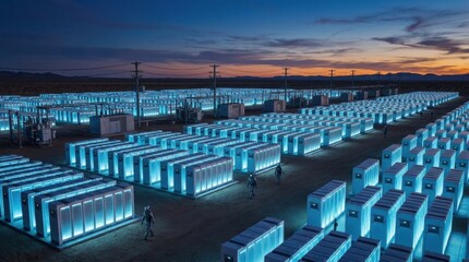 Fototapeta premium Massive Battery Storage Facility at Dusk: Rows upon rows of illuminated battery units form a vast energy storage farm, glowing blue against the twilight sky.