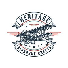 Heritage Airborne Crafts vintage biplane aviation emblem. © City