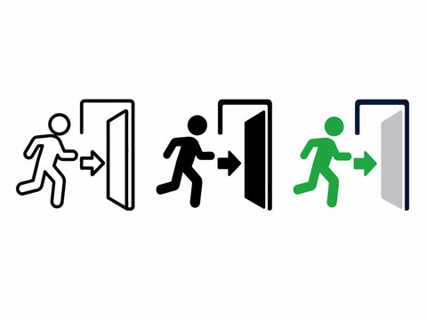 Emergency exit sign icons: variations in color and style for safety
