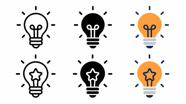 Set of light bulb icons with star elements in various styles and colors