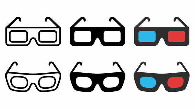 Collection of vintage and modern 3d glasses icons in black and white and red-blue styles