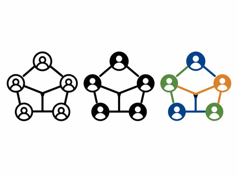 Interconnected network icons with human silhouettes in geometric designs