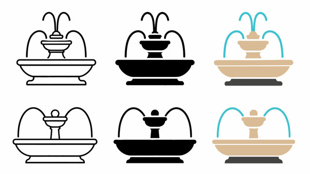Set of six fountain icons in various styles and colors