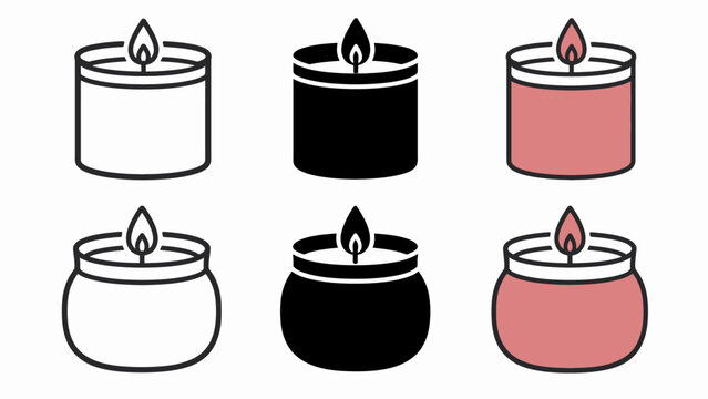 Set of six decorative candle icon variations in different styles and colors