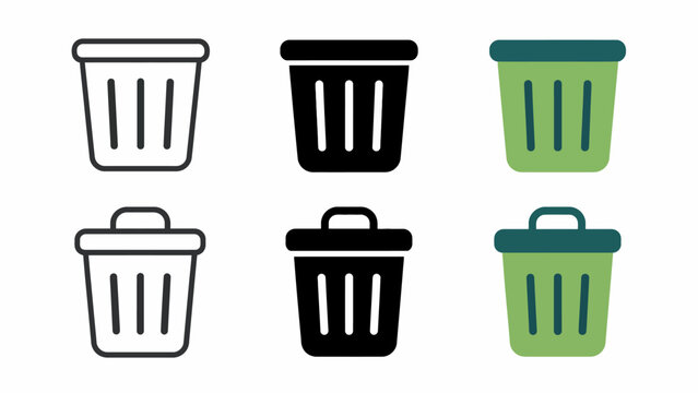 Set of six trash bin icons in black, white, and green