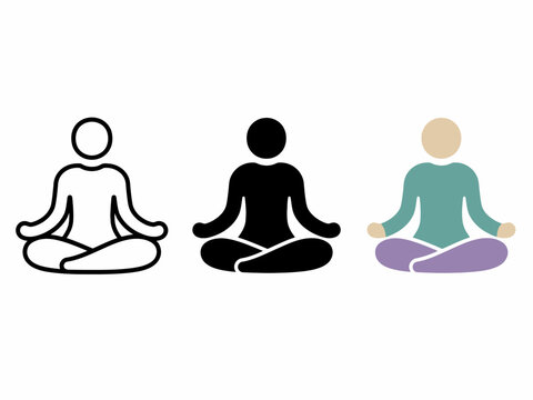 Three simple illustrated figures meditating in various poses