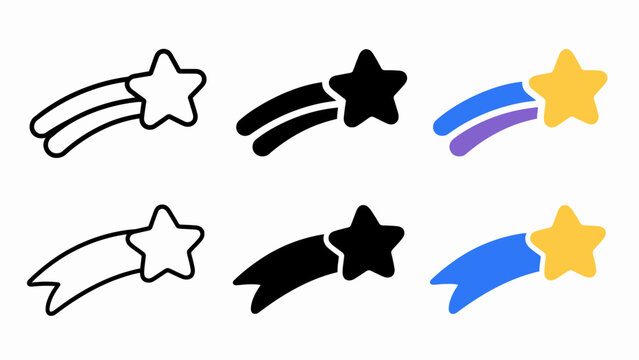 Colorful and monochrome shooting star icons on white background