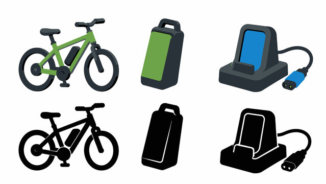Electric bicycle illustrations: bike, battery, charger array