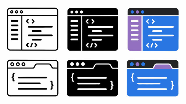 Code editor icons set: diverse styles of programming interface designs