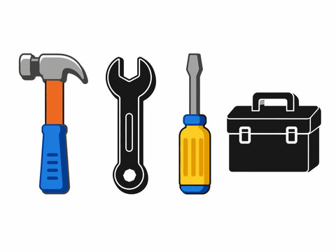 Colorful tools set with hammer wrench screwdriver and toolbox illustration