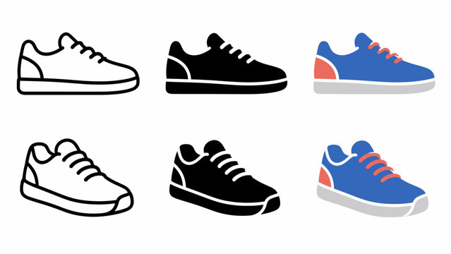 Variety of sneakers icons: outline and colored designs in different styles