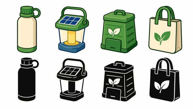 Eco-friendly products collection featuring bottles lanterns compost bins and tote bags