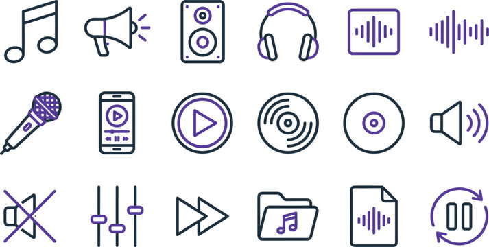Music and sound media line icon set containing musical note microphone speaker headphones playlist folder cd vinyl record player and equalizer symbols