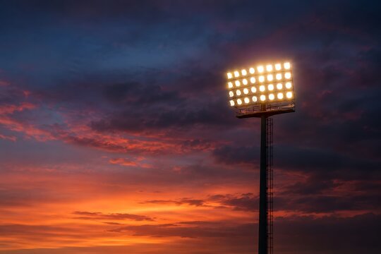 Bright stadium floodlight illuminating the sky during a dramatic sunset with colorful clouds.
