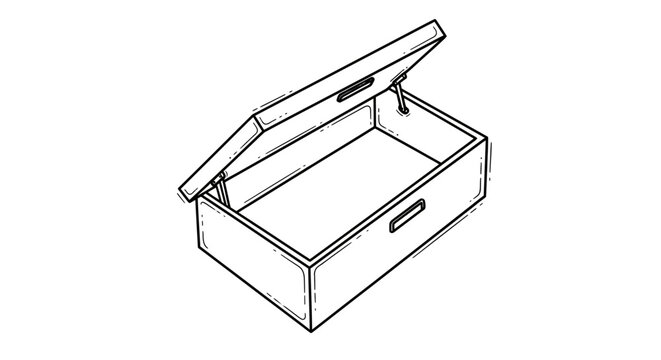 Open wooden box with hinged lid and handle.