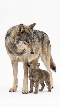 Gray Wolf Parent with Pup Isolated on White Background

