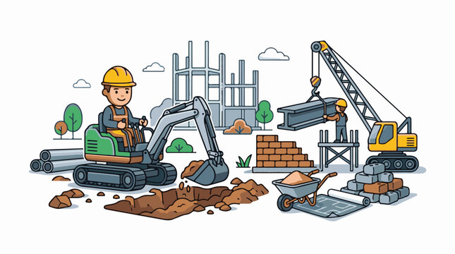 Construction worker operates heavy machinery site.
