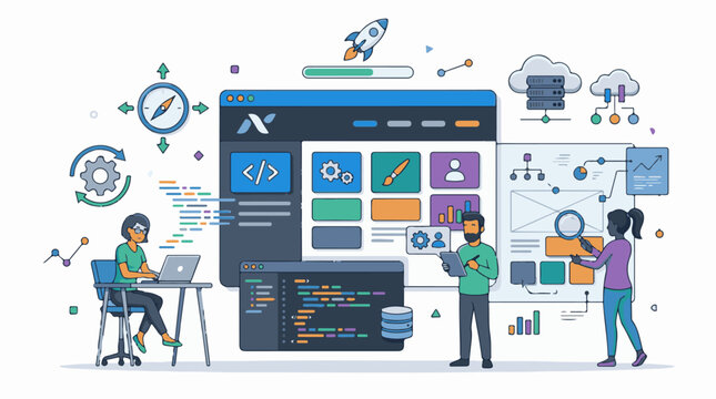 Colorful illustration of developers working on a large computer screen with coding symbols