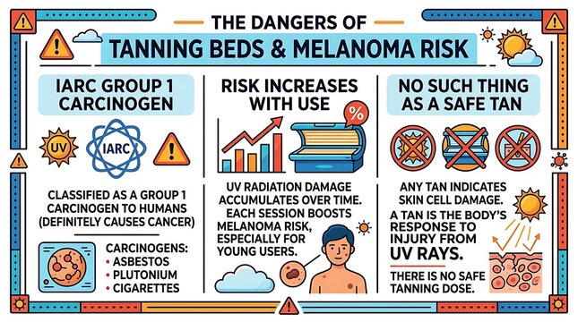 Infographic explaining the health risks of tanning beds and melanoma