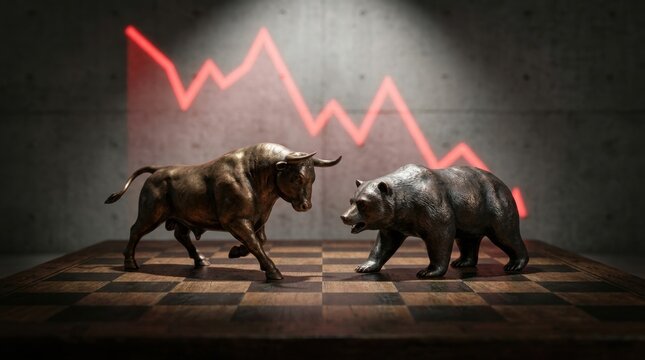 The Bull and Bear Market Showdown: A dramatic depiction of the stock market's constant battle between bullish optimism and bearish pessimism.