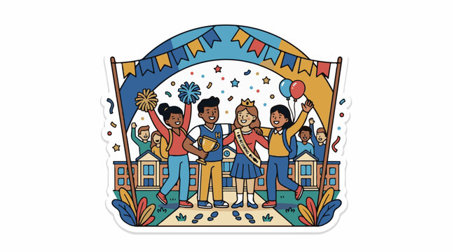 A colorful illustration of a diverse group of children celebrating with one holding a trophy and another a sash under