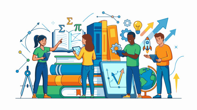 Four diverse people interact with educational technology and books