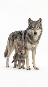 Gray Wolf Parent with Pup Isolated on White Background
