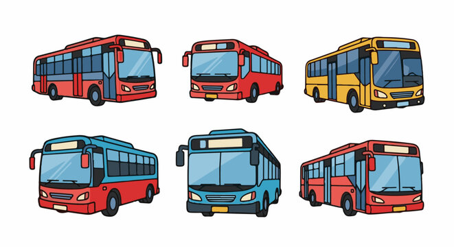 Six buses in different angles and colors.