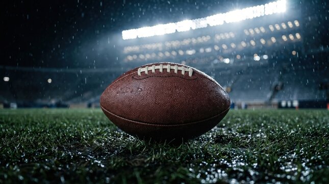 Football on Wet Grass Under Stadium Lights during Rainy Night Game Atmosphere
