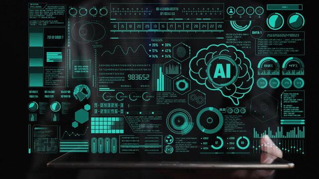 Futuristic visualization of data on a laptop screen emphasizes artificial intelligence concepts and analytical metrics, showcasing innovative trends and insights. Cipher