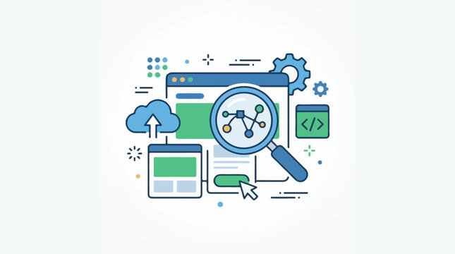 A stylized illustration of web development and coding elements