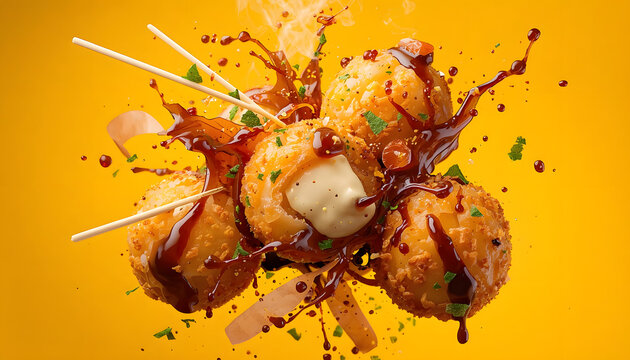 Fried Takoyaki Balls Splashing with Sauce on Yellow Background