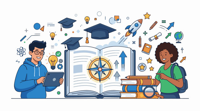 A cartoon illustration of two students with an open book surrounded by various educational symbols