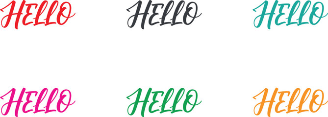 Six colorful 'hello' calligraphy variations on white background © Moshood