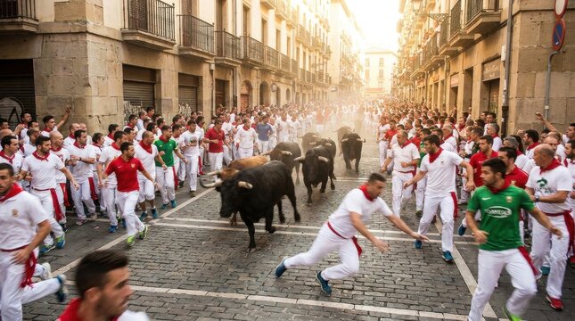 Running of the Bulls: A chaotic and exhilarating scene as brave participants in white and red attire sprint through narrow cobblestone streets, closely followed by a herd of charging bulls.