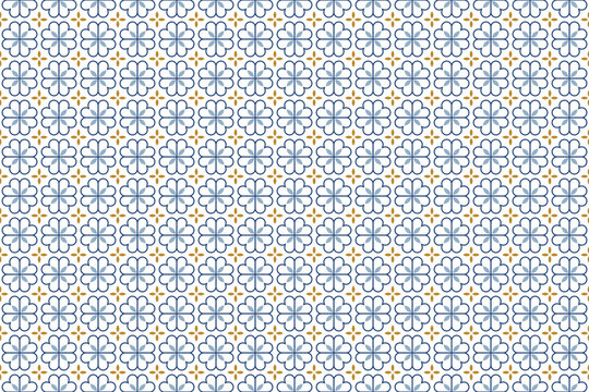 Classic Mediterranean or Portuguese azulejo-style seamless tile pattern featuring elegant blue line-art clovers or four-lobed floral motifs separated by tiny gold star accents 