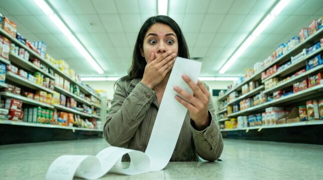 Shocked Shopper in Aisle: A woman's face contorted in shock as she clutches a long receipt in a supermarket aisle, her hand covering her mouth in disbelief at the inflated prices.