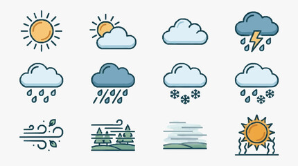 Obraz premium Elegant Collection of Minimalist Weather Icons Featuring Sun Clouds Rain Snow Storms and Fog in Soft Pastel Colors